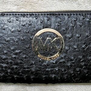Michael Kors Ostrich Textured Black Clutch with Gold Emblem